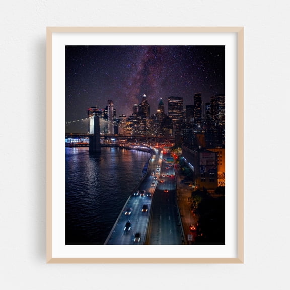 View of the Brooklyn Bridge Under the Stars - Manhattan New York Photography Cityscape Night Sky Bridge Skyline Stars Milky Way Oak Framed Wall Art Print 6 x 8 inches