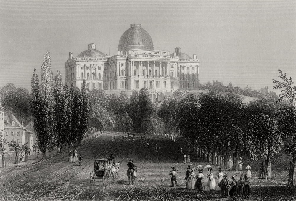 View Of The Capitol Building At Washington Usa From A 19Th Century Print Engraved By C J Bentley After W H Bartlett Canvas Art - Ken Welsh Design Pics (34 x 22)