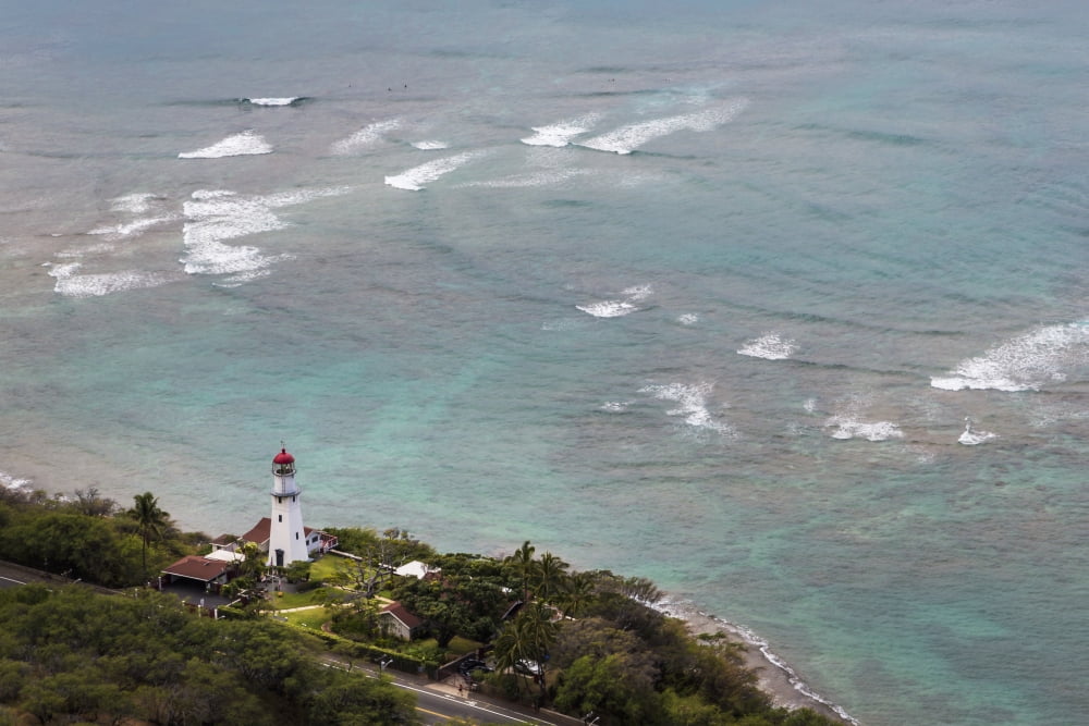 View of Diamond Head Lighthouse with waves breaking in the shallow water in background Honolulu Oahu Hawaii United States of America Canvas Art - Lynn Wegener Design Pics (19 x 12)