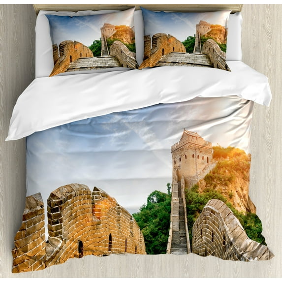 View Duvet Cover Set, Dynasty Monument on Cliffs Historical Countryside Art Design, Decorative 3 Piece Bedding Set with 2 Pillow Shams, King Size, Grey Blue, by Ambesonne
