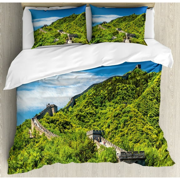 View Duvet Cover Set, Old Chinese Building Area Panorama in Nature Exotic Scene, Decorative 3 Piece Bedding Set with 2 Pillow Shams, Queen Size, Turquoise Green, by Ambesonne