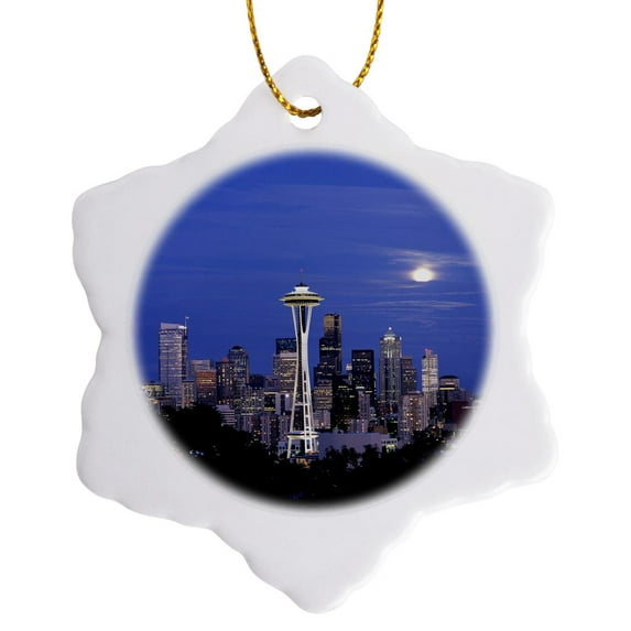 3drose, View from Kerry Park, Mt Rainier, Seattle, Wa - Us48 Jwi0876 - Jamie and Judy Wild, 3 inch Snowflake Porcelain Ornament