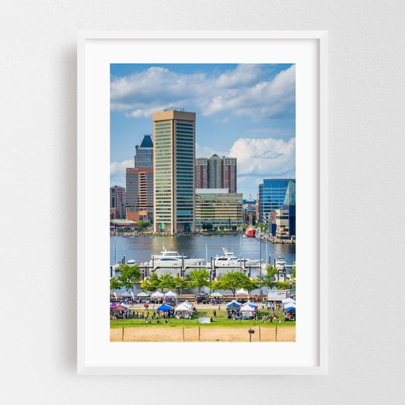 View of the Inner Harbor 02 - Baltimore Maryland Photography Cityscape Skyline Harbor Architecture Boat Travel Poster Summer White Framed Wall Art Print 5 x 7 inches