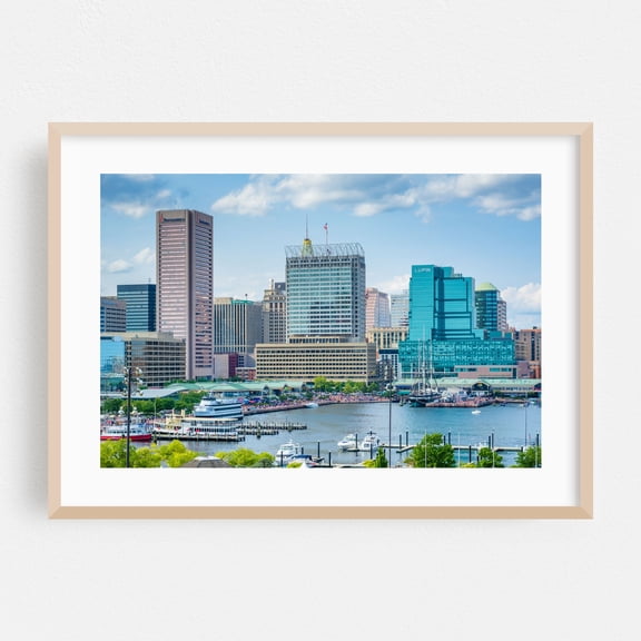 View of the Inner Harbor 03 - Baltimore Maryland Photography Cityscape Harbor Skyline Architecture Boat Travel Poster Oak Framed Wall Art Print 5 x 7 inches