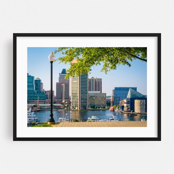 View of the Inner Harbor - Baltimore Maryland Photography Cityscape Harbor Skyline Architecture Boat Travel Poster Black Framed Wall Art Print 5 x 7 inches