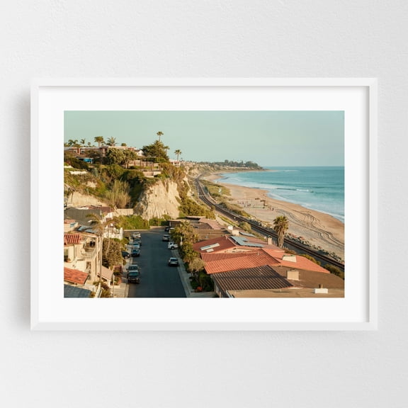 View from La Rambla, San Clemente - San Clemente California Photography Beach Coast Beach House Palm Tree Ocean Railroad Scenic White Framed Wall Art Print 20 x 30 inches