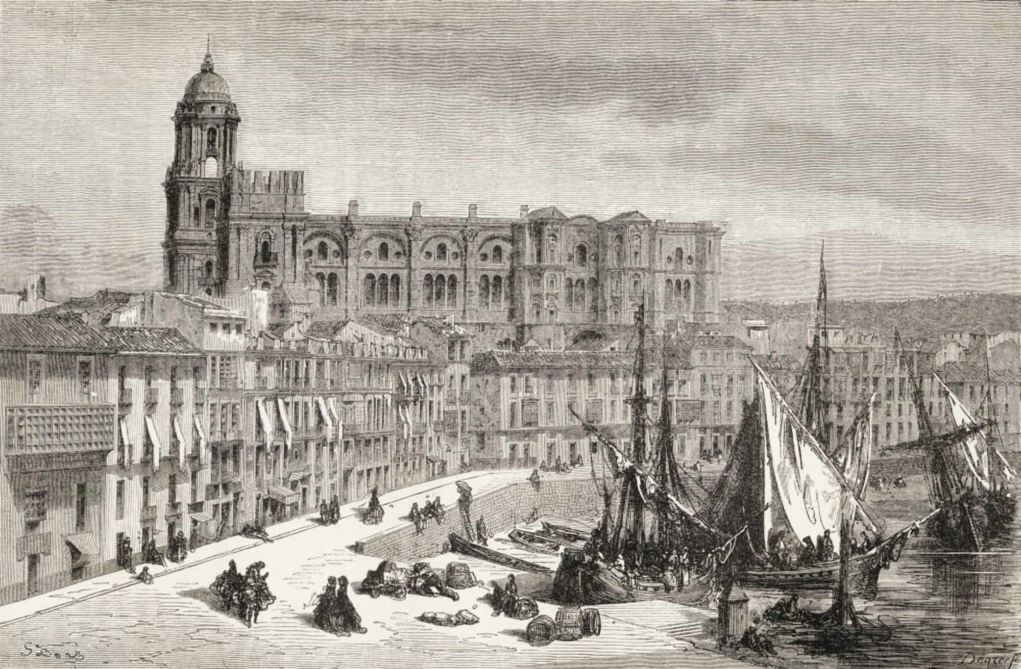 View Of Malaga Harbour And Cathedral Spain During The 19Th Century From El Mundo En La Mano Published 1878 Canvas Art - Ken Welsh Design Pics (18 x 11)