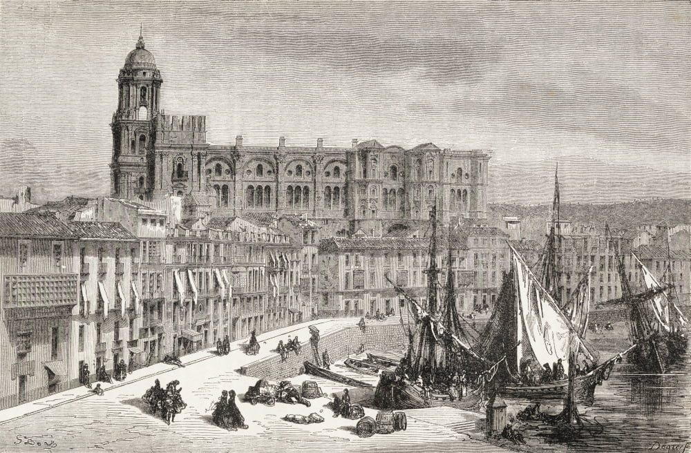 View Of Malaga Harbour And Cathedral Spain During The 19Th Century From El Mundo En La Mano Published 1878 Canvas Art - Ken Welsh Design Pics (36 x 22)