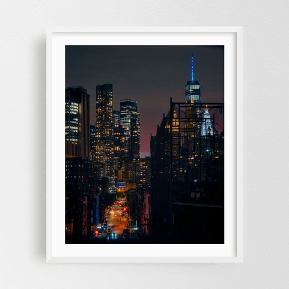 View From the Manhattan Bridge 03 - Manhattan New York Photography Cityscape Skyline Nightlife Architecture Street Photography Night Sky White Framed Wall Art Print 16 x 20 inches