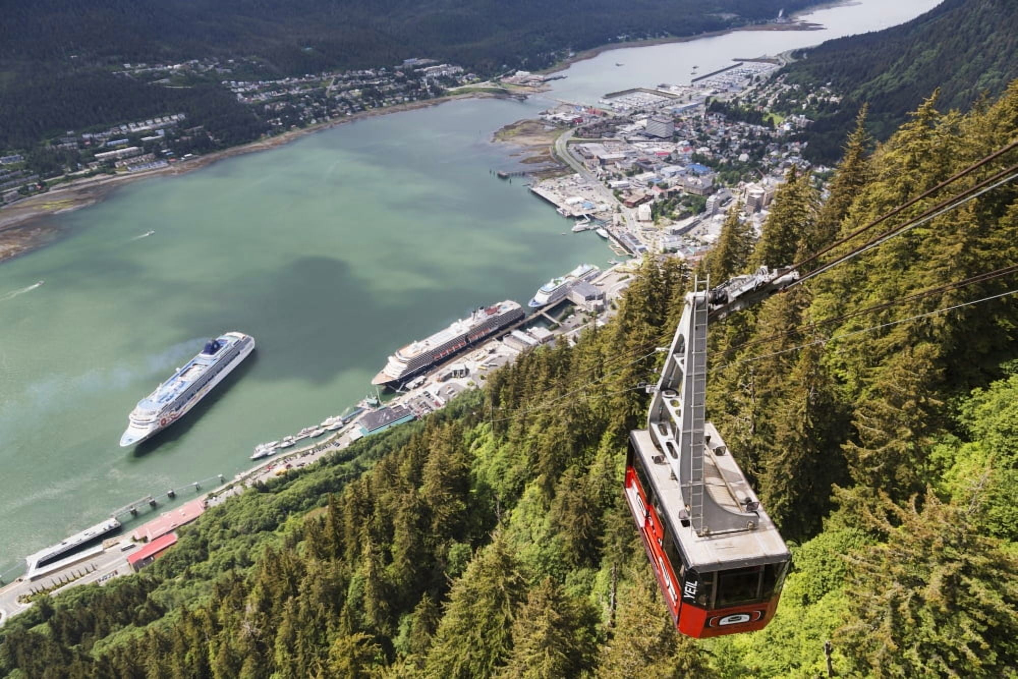 View of the Mount Roberts Tramway above Juneau and cruise ships in Gastineau Channel Southeast Alaska Summer Canvas Art - Lucas Payne Design Pics (19 x 12)