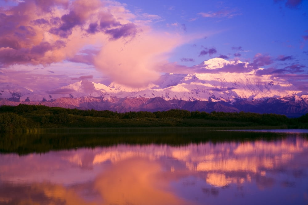 View Of Mt Mckinley From Reflection Pond Bathed In Evening Alpenglow With Disipating Cumulus Clouds Denali National Park Alaska Canvas Art - Michael DeYoung Design Pics (34 x 22)