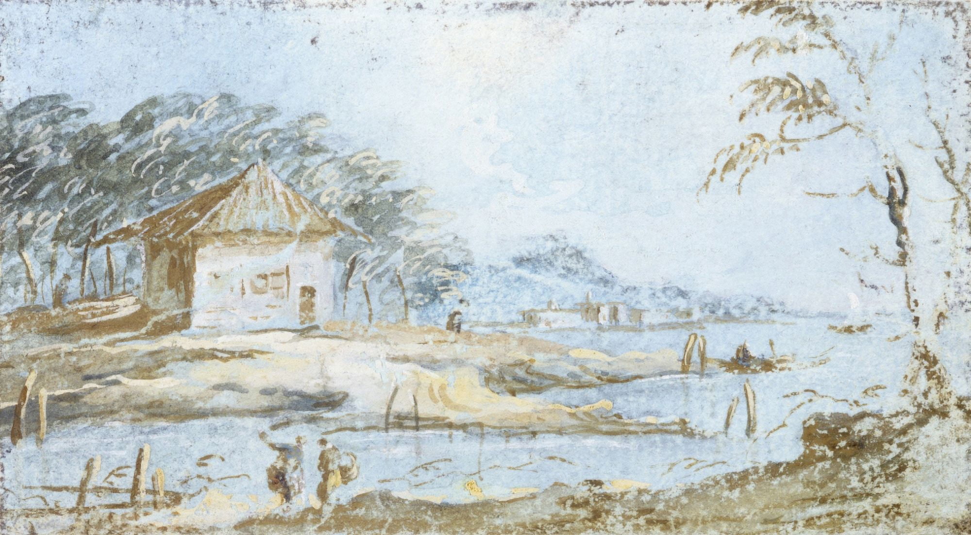 View Of A Hut And Lake Bank Canvas Art - (24 x 18)