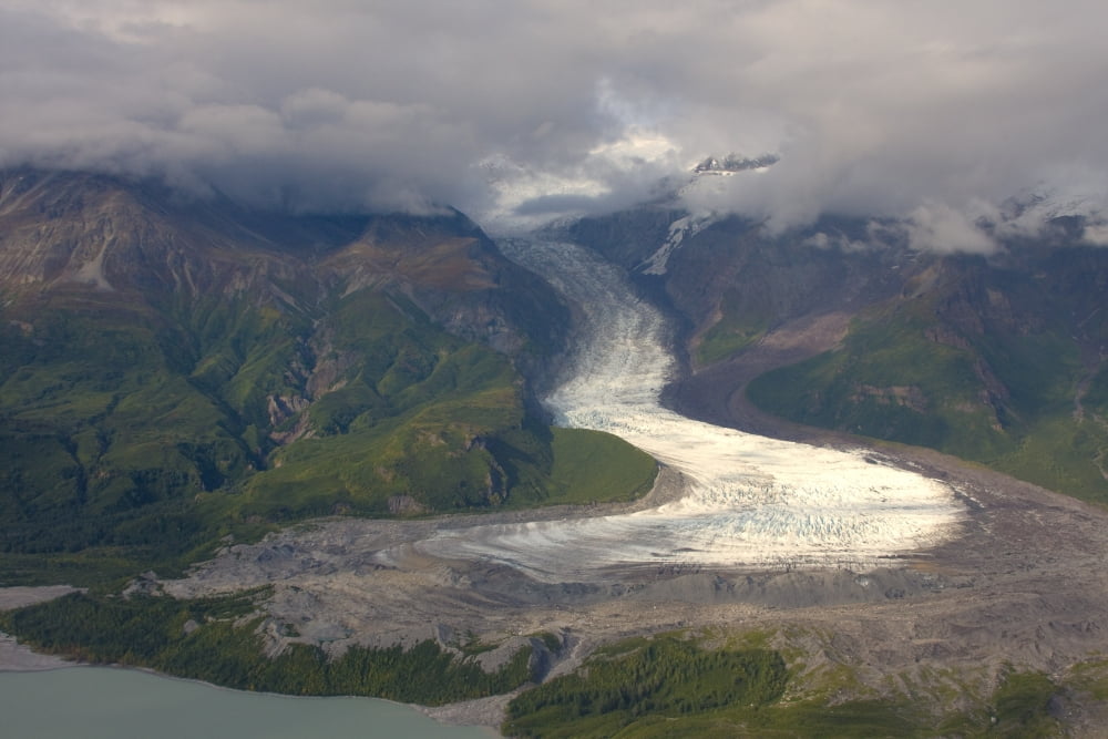 View Of Barrier Glacier Entering Into The East Side Of Chakachamna Lake Alaska Range Hdr Image Canvas Art - Michael Criss Design Pics (34 x 22)