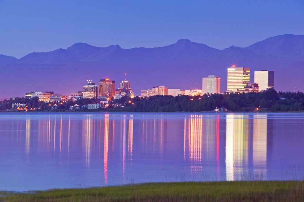 View Of Downtown Anchorage Skyline Across Knik Arm WReflection Sunset Southcentral Alaska Summer Canvas Art - Kevin Smith Design Pics (34 x 22)