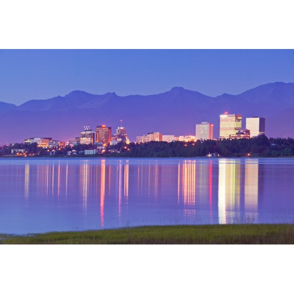 View Of Downtown Anchorage Skyline Across Knik Arm WReflection Sunset Southcentral Alaska Summer Canvas Art - Kevin Smith Design Pics (34 x 22)