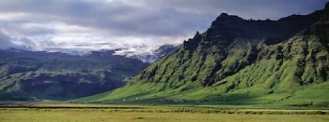 View Of Farm And Cliff In The South Coast Sheer Basalt Cliffs South Coast Iceland Canvas Art - Panoramic Images (15 x 6)
