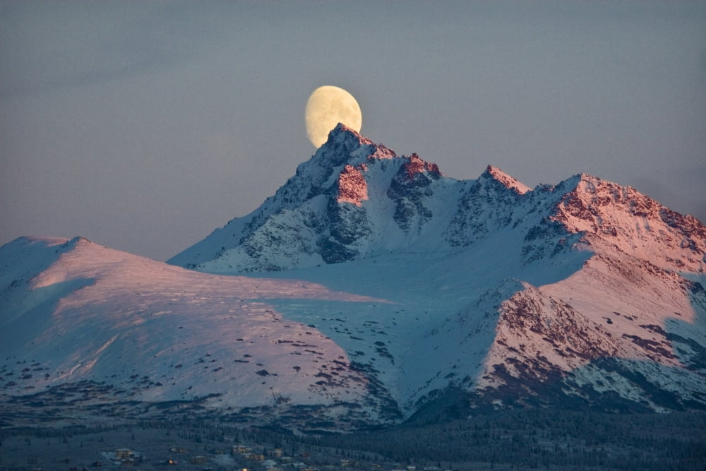 View Of Moon Rising Behind Omalley Peak Chugach Mountains Anchorage Southcentral Alaska Winter Canvas Art - Ken Baehr Design Pics (34 x 22)