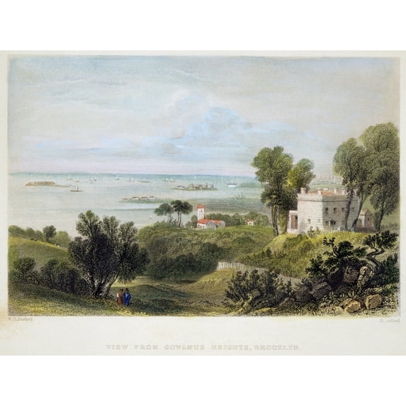 View Of New York Harbor. Na View Of New York Harbor From Gowanus Heights Brooklyn New York Steel Engraving 1839