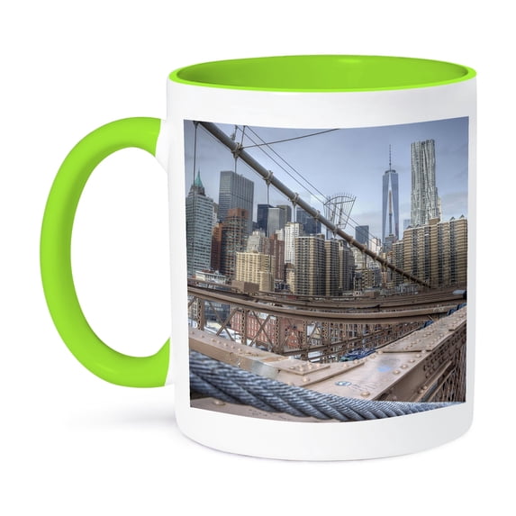 3dRose, View of NYC skyline from bridge, 15oz Two-Tone Green Mug