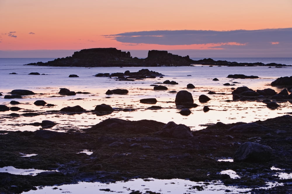 View Of Rock And Sea At Twilight Lanse Aux Meadows Newfoundland Canada Canvas Art - Yves Marcoux Design Pics (17 x 11)