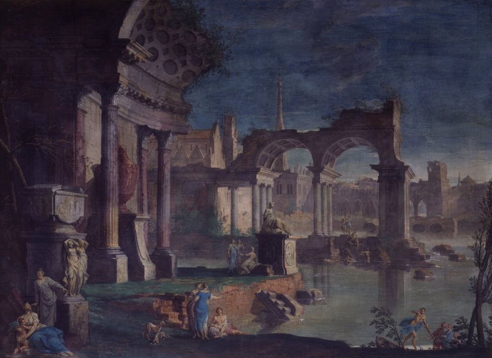 View Of Ruins With Statue Of An Emperor (Veduta Di Rovine Con Statua Di Imperatore) Canvas Art - (36 x 24)