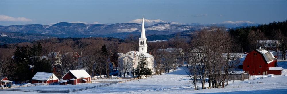 View Of Small Town In Winter Peacham Vermont USA Canvas Art - Panoramic Images (36 x 12)