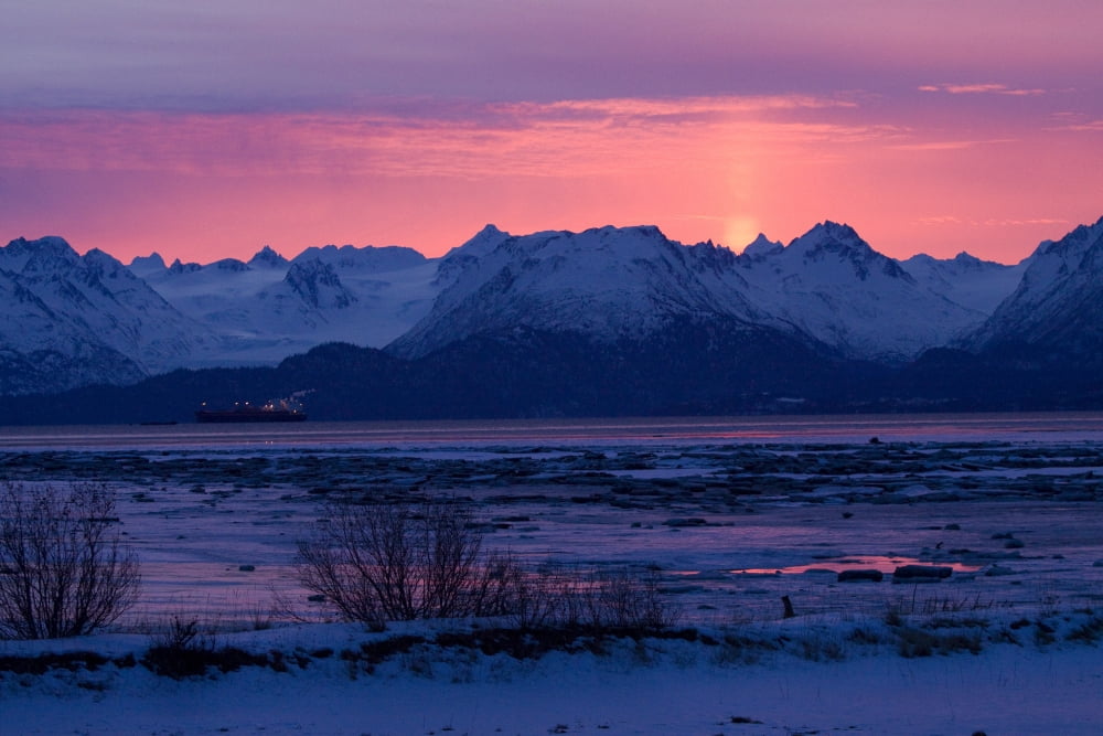 View Of Sunrise Over Mountains Across Kachemak Bay Near Homer Kenai Peninsula Alaska Winter Canvas Art - Doug Lindstrand Design Pics (34 x 22)