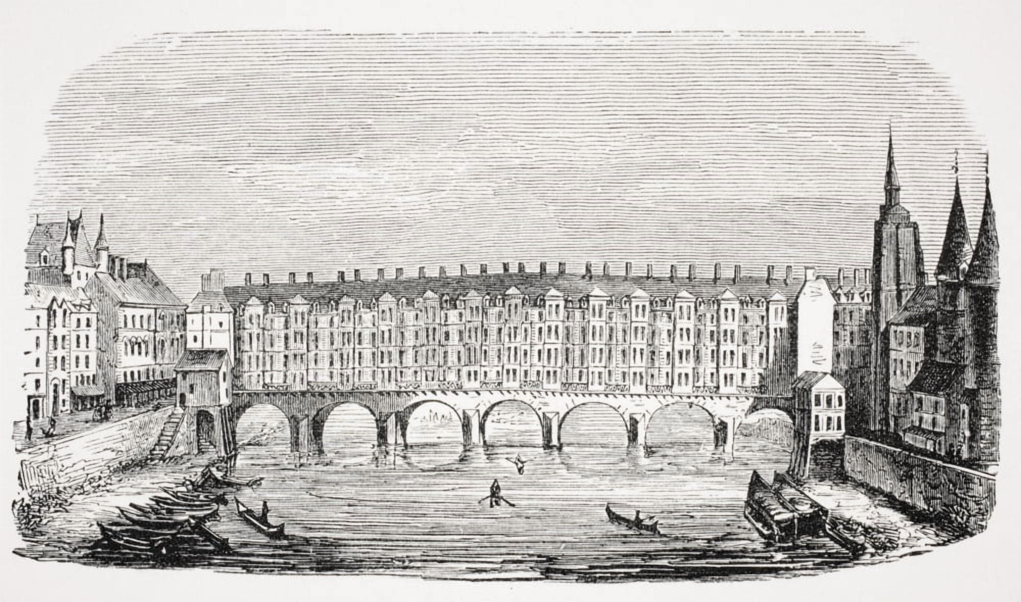 View Of The Ancient Pont Aux Changeurs From An Engraving Of The Topography Of Paris Canvas Art - Ken Welsh Design Pics (36 x 22)