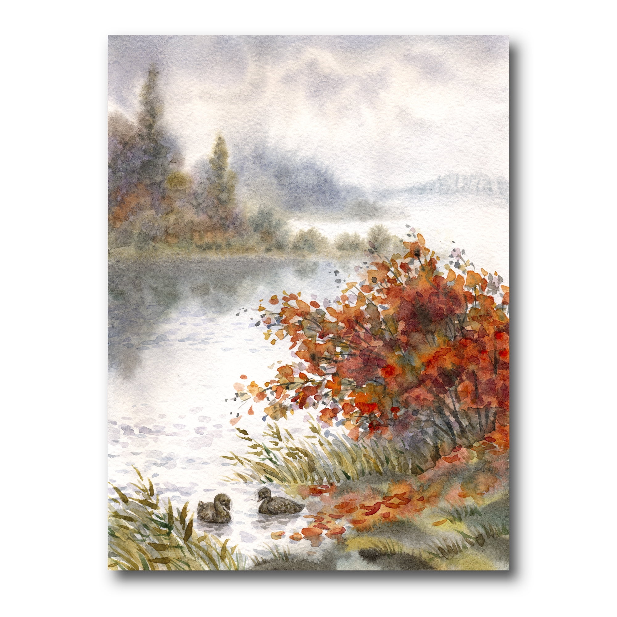 View Of The Lake In Autumn Colored 12 in x 8 in Painting Canvas Art Print, by Designart