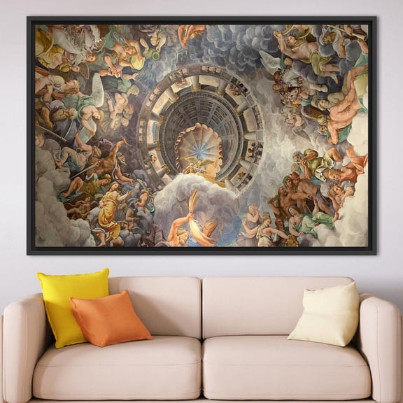 View of Olympus Artwork, Reproduction Art, Famous Artwork, Giulio Romano Painting, Home of the Gods Wall Decor, Oil Painting Print, Canvas Wall Decor - Natural Framed