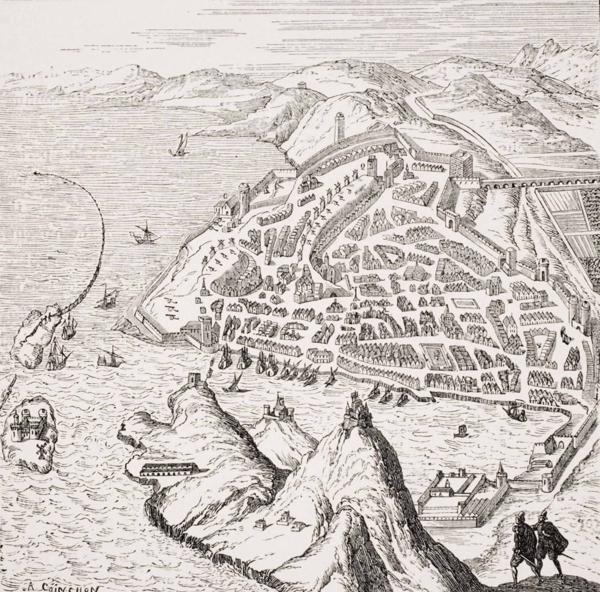 View And Plan Of Marseilles And Its Harbour In The 16Th Century After Copperplate In Theatre Des Citez Du Monde Canvas Art - Ken Welsh Design Pics (24 x 24)