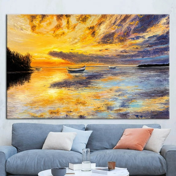 View Poster, Sea View Art, Oil Painting Print, Abstract Seascape Painting, Sunset Landscape Canvas Art, Boat Wall Decor, Canvas Wall Decor - 3P-Gold Framed
