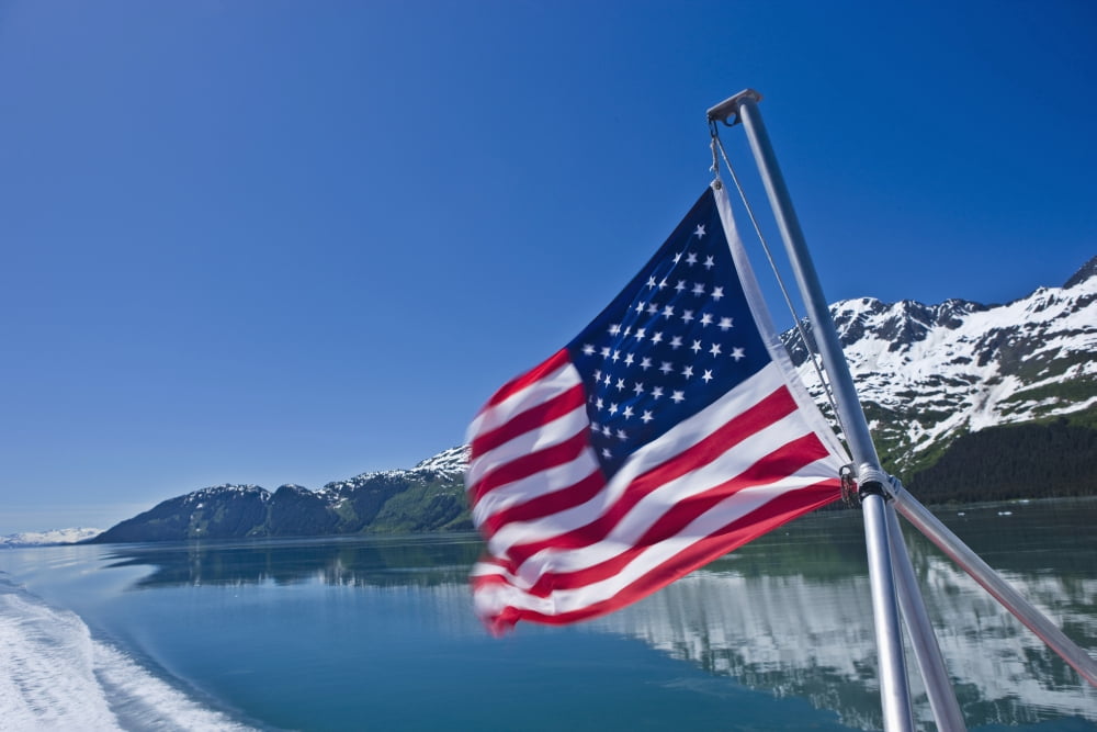 View Of Prince Wiliam Sound And The American Flag Flown From The Deck Of The Klondike Express Tour Boat Prince William Sound Alaska Canvas Art - Kevin Smith Design Pics (19 x 12)