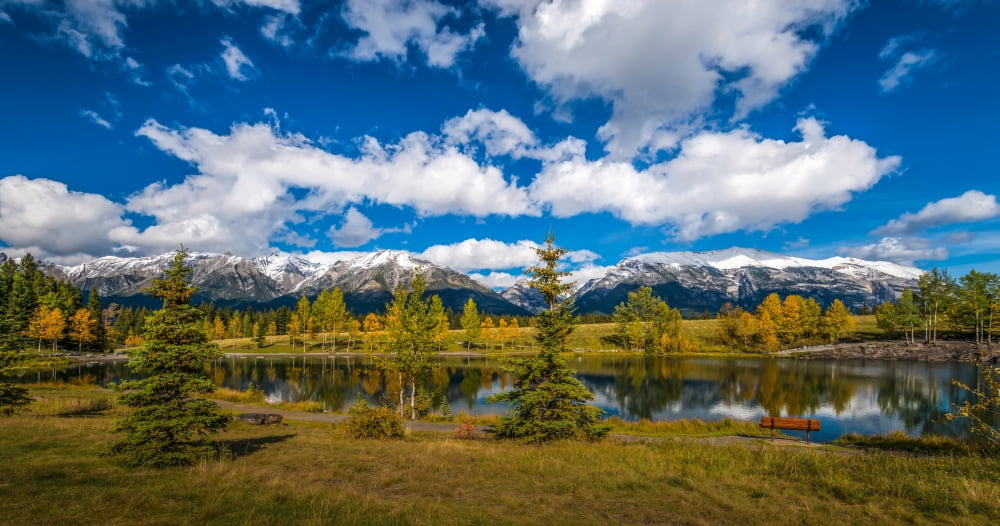 View of the Quarry Lake Recreation Area Grotto Lake Grotto Mountain Mount Lady Macdonald Canmore Alberta Canada Canvas Art - Panoramic Images (12 x 24)