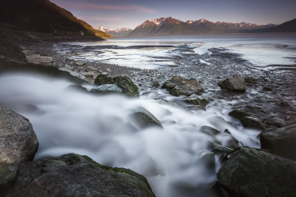 View of Rainbow Creek where it enters Turnagain Arm with the Kenai Mountains in the background Southcentral Alaska summer Canvas Art - Jeff Schultz Design Pics (17 x 11)