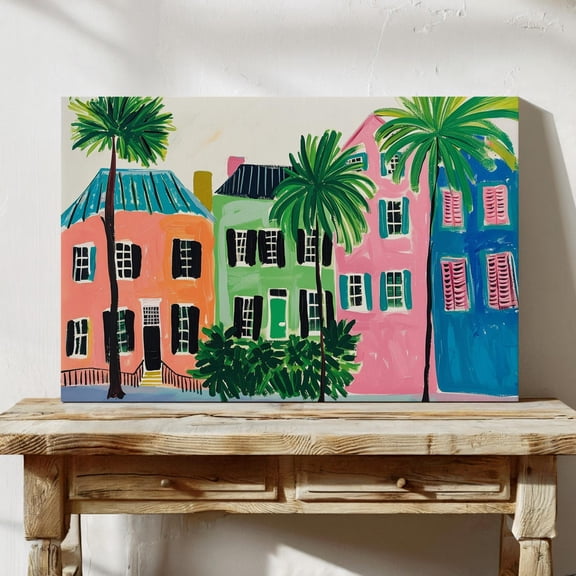 A View Of Rainbow Row Charleston Wall Art Poster, Low Country, Colorful Home Decor, Southern Wall Art, Aesthetic, South Carolina,, Stretched Canvas Size 8x12