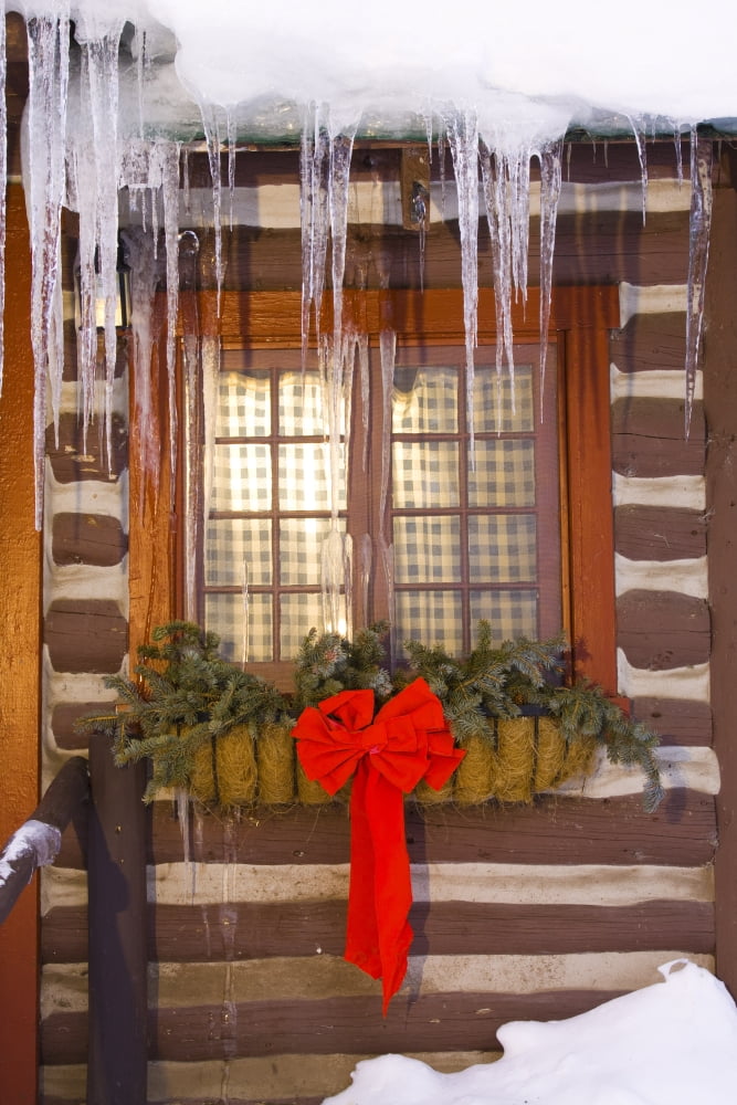 View Of A Rustic Cabin Window Adorned With Holiday Decorations And Icicles Near Crested Butte Colorado Rocky Mountains Winter Canvas Art - Michael DeYoung Design Pics (22 x 34)