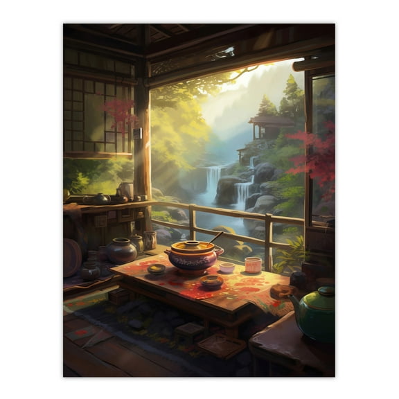 View From Tea House Patio Painting Traditional Ceremony Japanese Hospitality Serene Waterfall Landscape Large Wall Art Poster Print Thick Paper 18X24 Inch