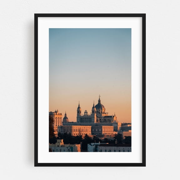 View from Templo de Debod 01 - Madrid Spain Photography Cityscape Architecture Sunset Skyline Scenic Travel Poster Vintage Black Framed Wall Art Print 5 x 7 inches