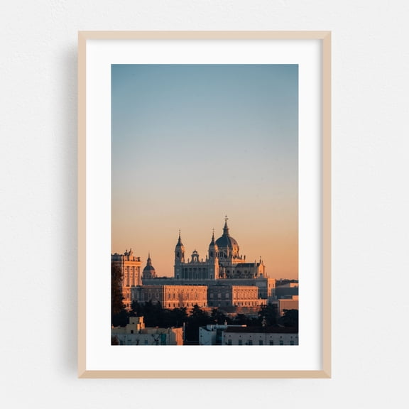 View from Templo de Debod 01 - Madrid Spain Photography Cityscape Architecture Sunset Skyline Scenic Travel Poster Vintage Oak Framed Wall Art Print 5 x 7 inches