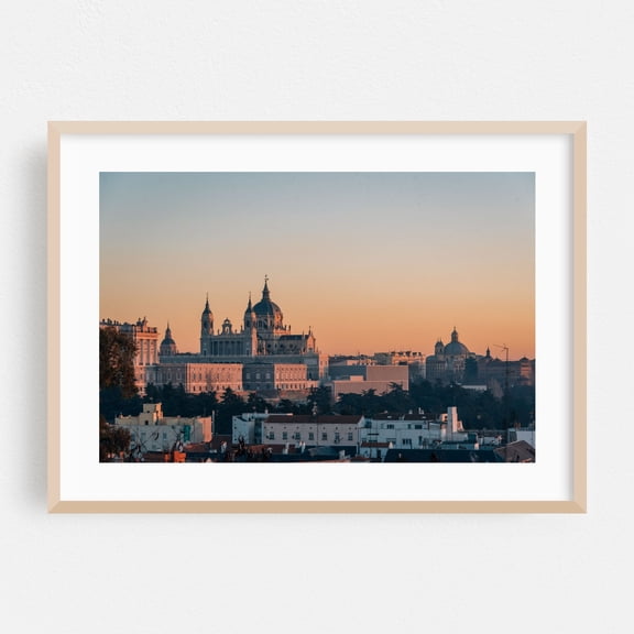 View from Templo de Debod 02 - Madrid Spain Photography Cityscape Sunset Architecture Skyline Scenic Vintage Travel Poster Oak Framed Wall Art Print 5 x 7 inches