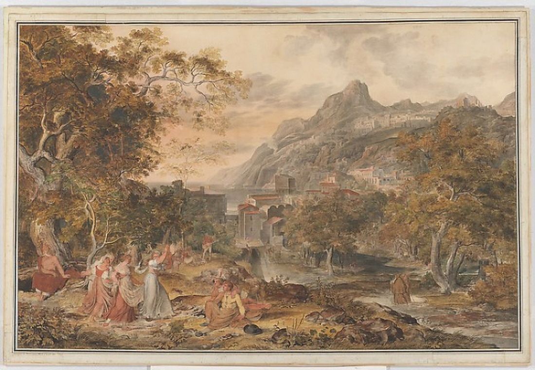 View of Vietri with Young Country Women Dancing for Shepherds in the Foreground Poster Print by Joseph Anton Koch (Austrian, Obergibeln bei Elbigenalp 1768  �1839 Rome) (18 x 24) - image 1 of 1