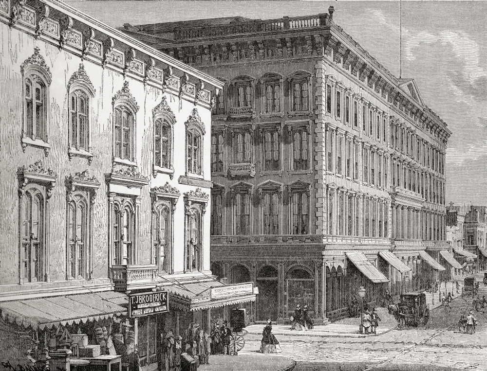 View Of The Western Hotel Montgomery Street San Francisco California America In The 19Th Century From El Mundo En La Mano Published 1875 Canvas Art - Ken Welsh Design Pics (16 x 12)