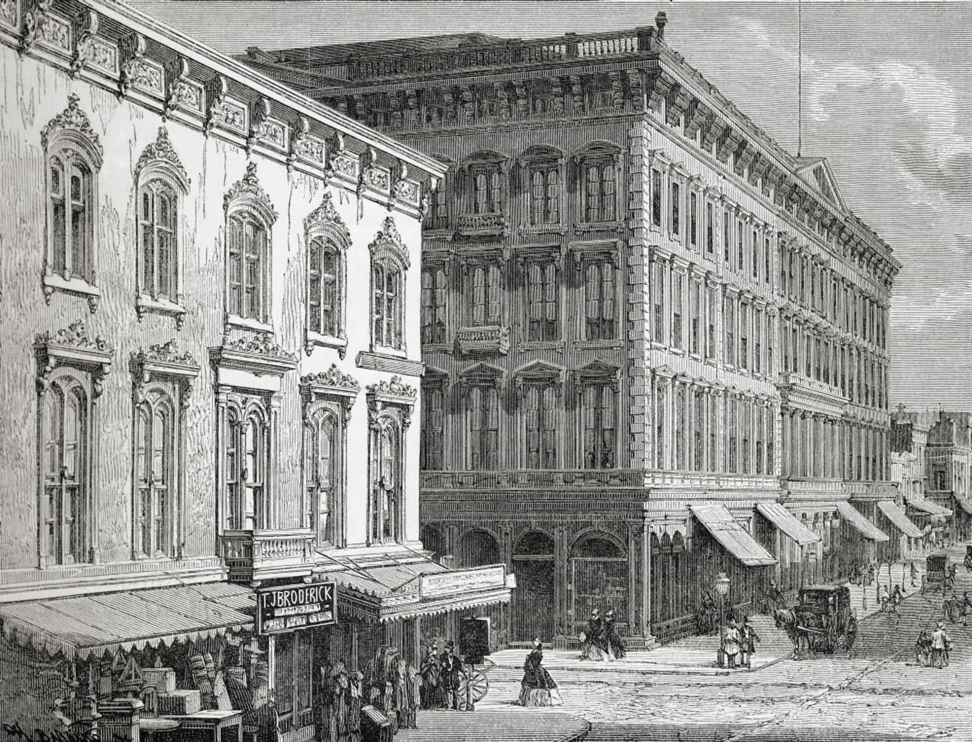 View Of The Western Hotel Montgomery Street San Francisco California America In The 19Th Century From El Mundo En La Mano Published 1875 Canvas Art - Ken Welsh Design Pics (32 x 24)