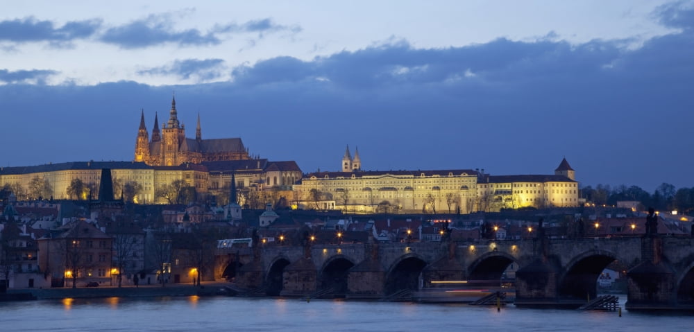 View across the River Vltava and Charels Bridge towards Prague Castle and the Hradcany district Prague Czech Republic Europe Canvas Art - Mark Thomas Design Pics (22 x 10)