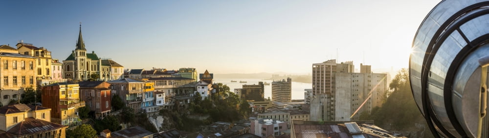View from Ascensor Reina Victoria at dawn Cerro Concepcion Valparaiso Central Coast Chile Canvas Art - Panoramic Images (27 x 9)