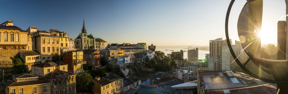 View from Ascensor Reina Victoria at dawn Cerro Concepcion Valparaiso Central Coast Chile Canvas Art - Panoramic Images (36 x 12)
