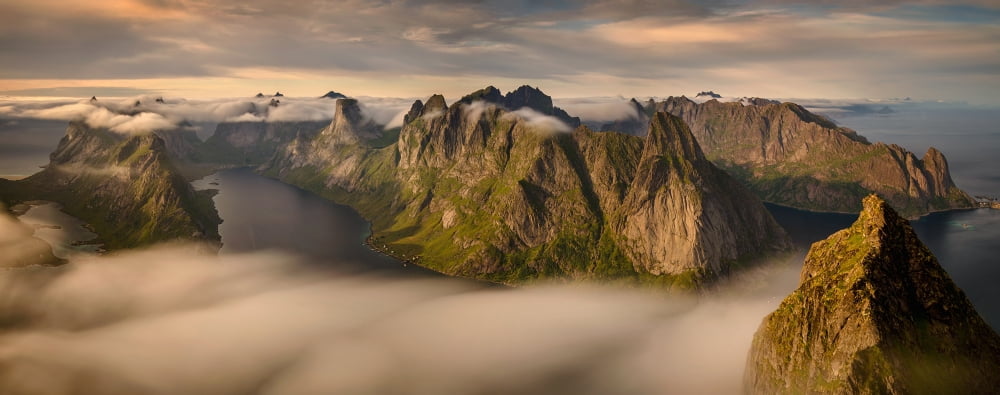 View from Helvete summit toward mountains ridges around Kjerkfjorden Lofoten Nordland Norway Canvas Art - Panoramic Images (12 x 30)