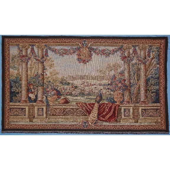 View from Home with Peackock and Boy Authentic Italian Tapestry Woven In Italy