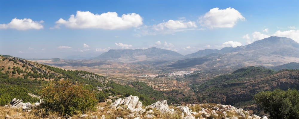 View from Puente del Viento to the white village of El Burgo Malaga Province Andalusia Spain Canvas Art - Panoramic Images (27 x 9)